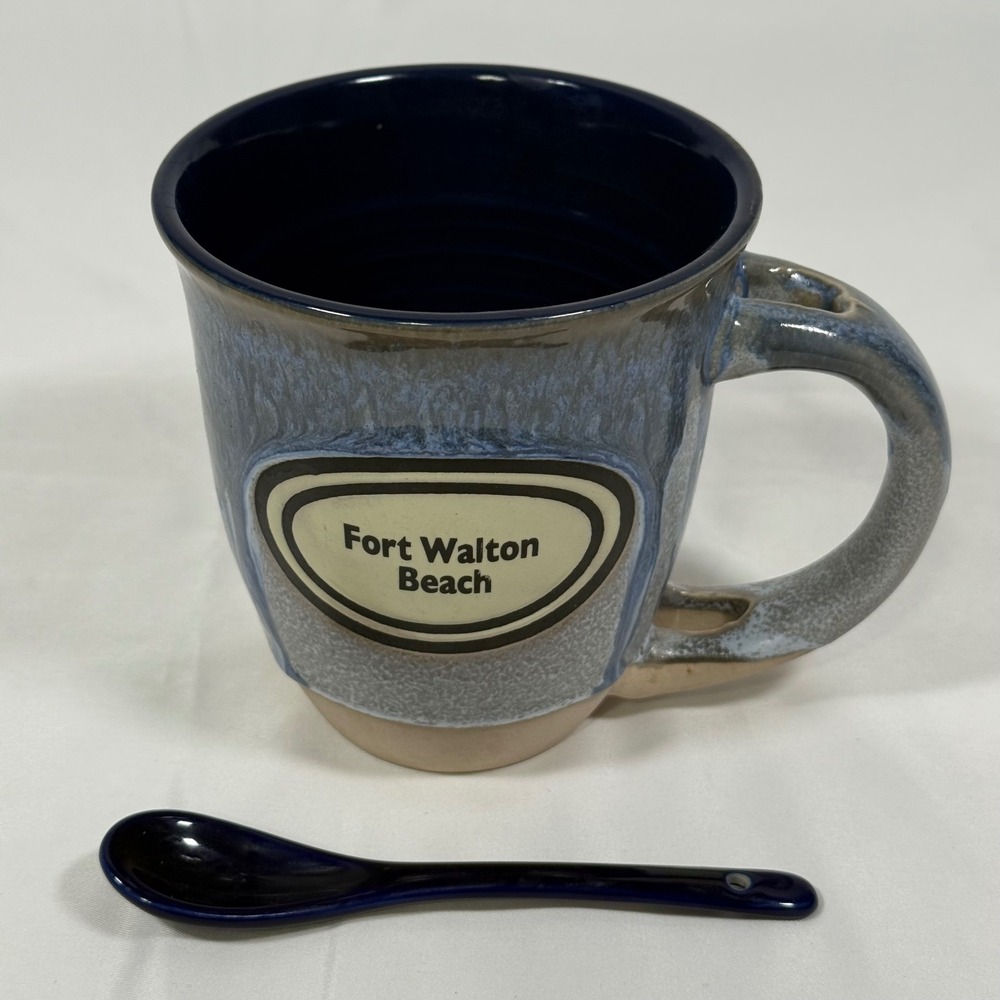 PCF Souvenirs Fort Walton Beach Mug Blue Grey Drip Glaze Spoon Set